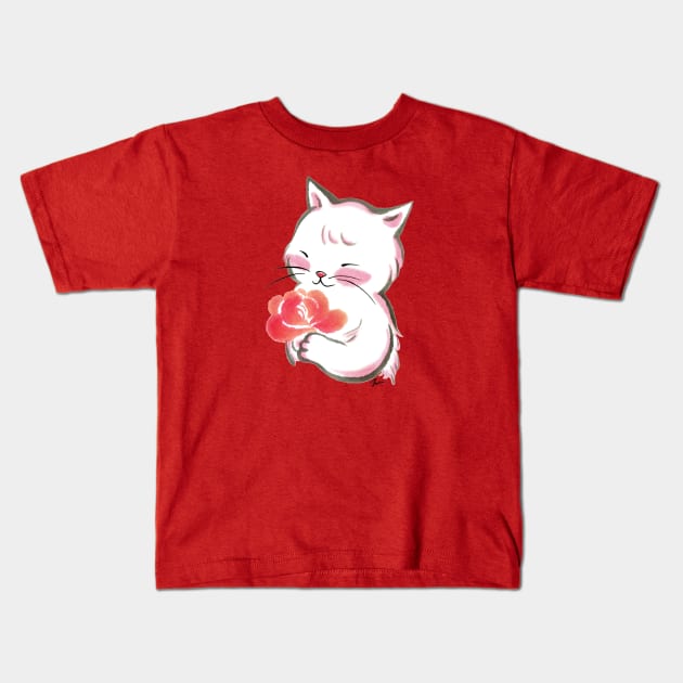 White cat rose Kids T-Shirt by juliewu